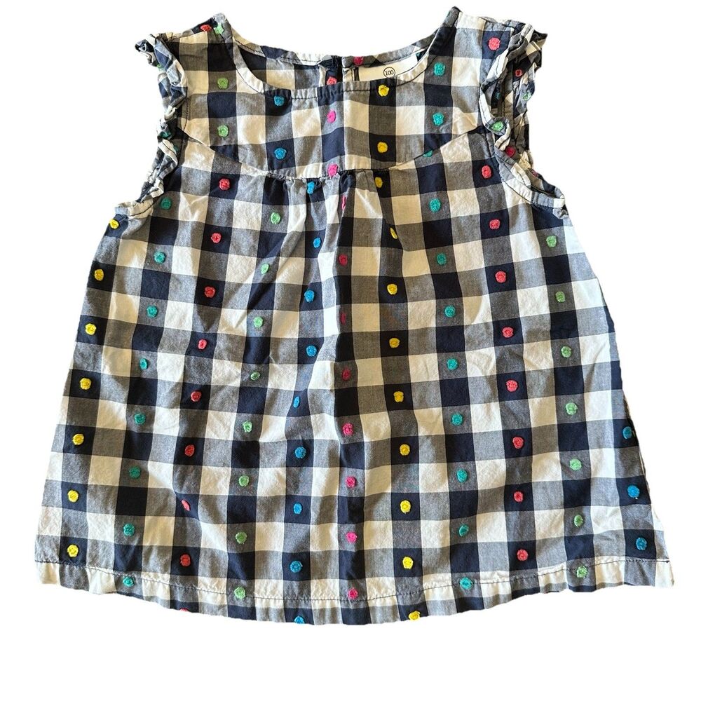 Hanna Andersson Size 4T 100cm Gingham Dot Top Navy Colorful Mini Pom Poms